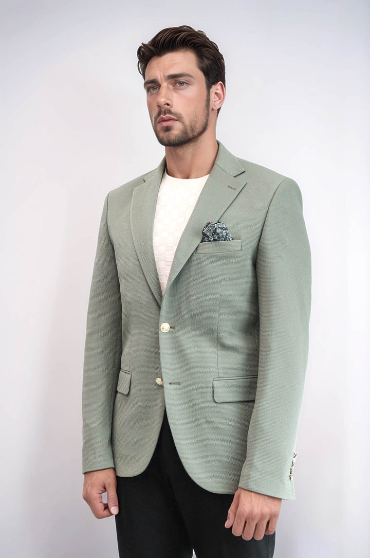 Sage Green Textured Gold Metal Button Slim Fit Men's Blazer Jacket - Wessi