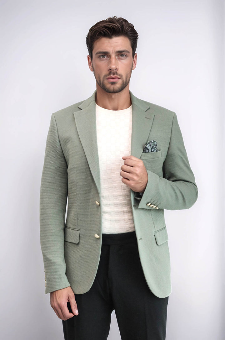 Sage Green Textured Gold Metal Button Slim Fit Men's Blazer Jacket - Wessi