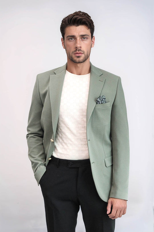 Sage Green Textured Gold Metal Button Slim Fit Men's Blazer Jacket | Wessi Wessi - Discover Diversity Sage Green Textured Gold Metal Button Slim Fit Men's Blazer Jacket | Wessi Wessi - Discover Diversity