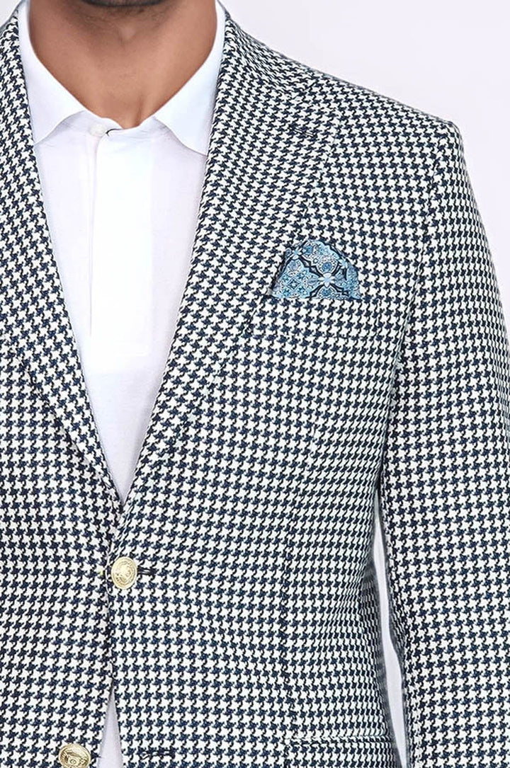 Navy Blue Houndstooth Pattern Gold Metal Button Slim Fit Men's Blazer Jacket - Wessi