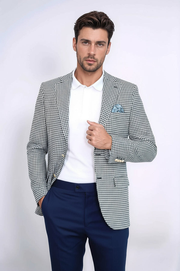 Navy Blue Houndstooth Pattern Gold Metal Button Slim Fit Men's Blazer Jacket - Wessi