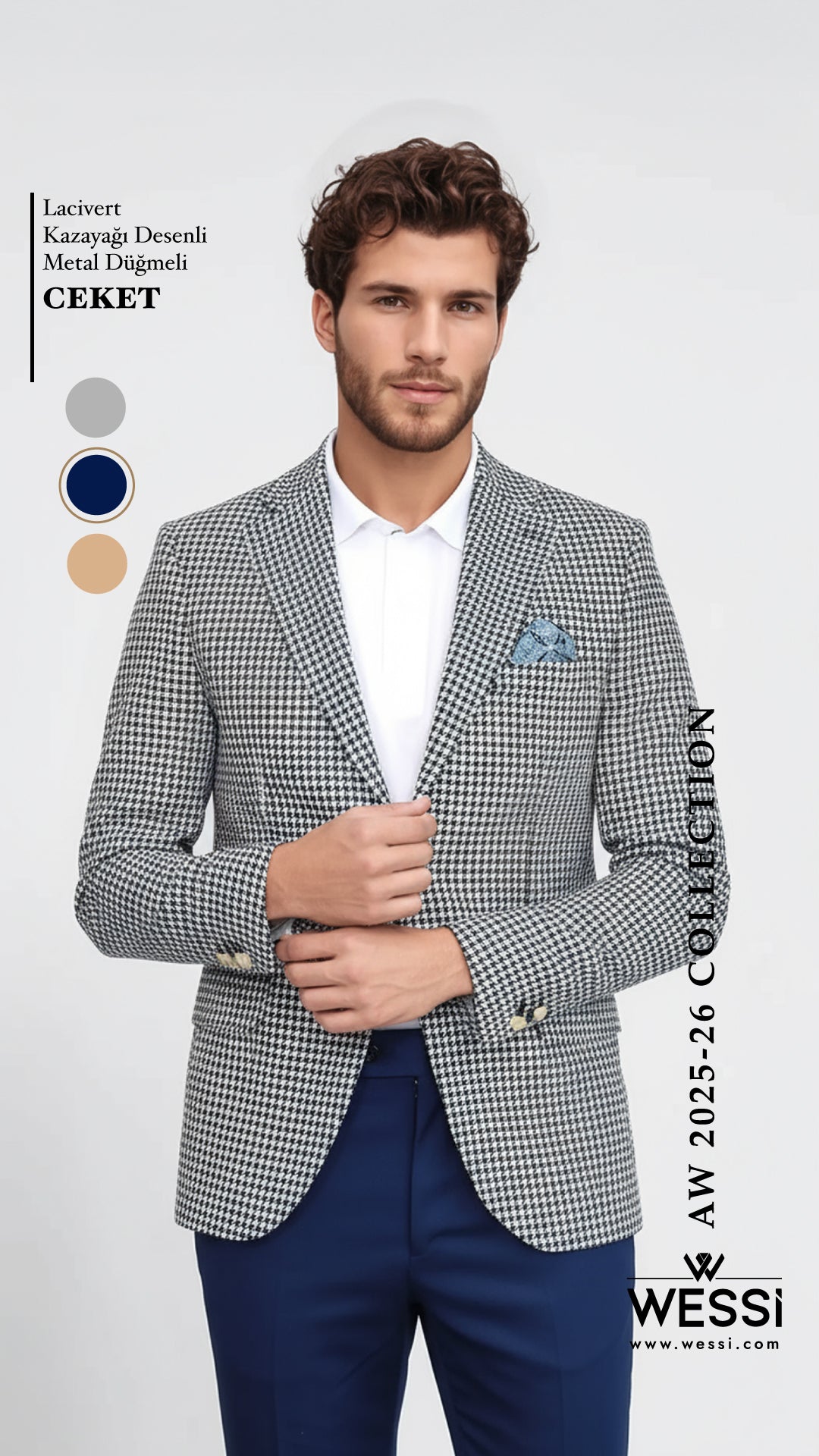 Navy Blue Houndstooth Pattern Gold Metal Button Slim Fit Men's Blazer Jacket - Wessi