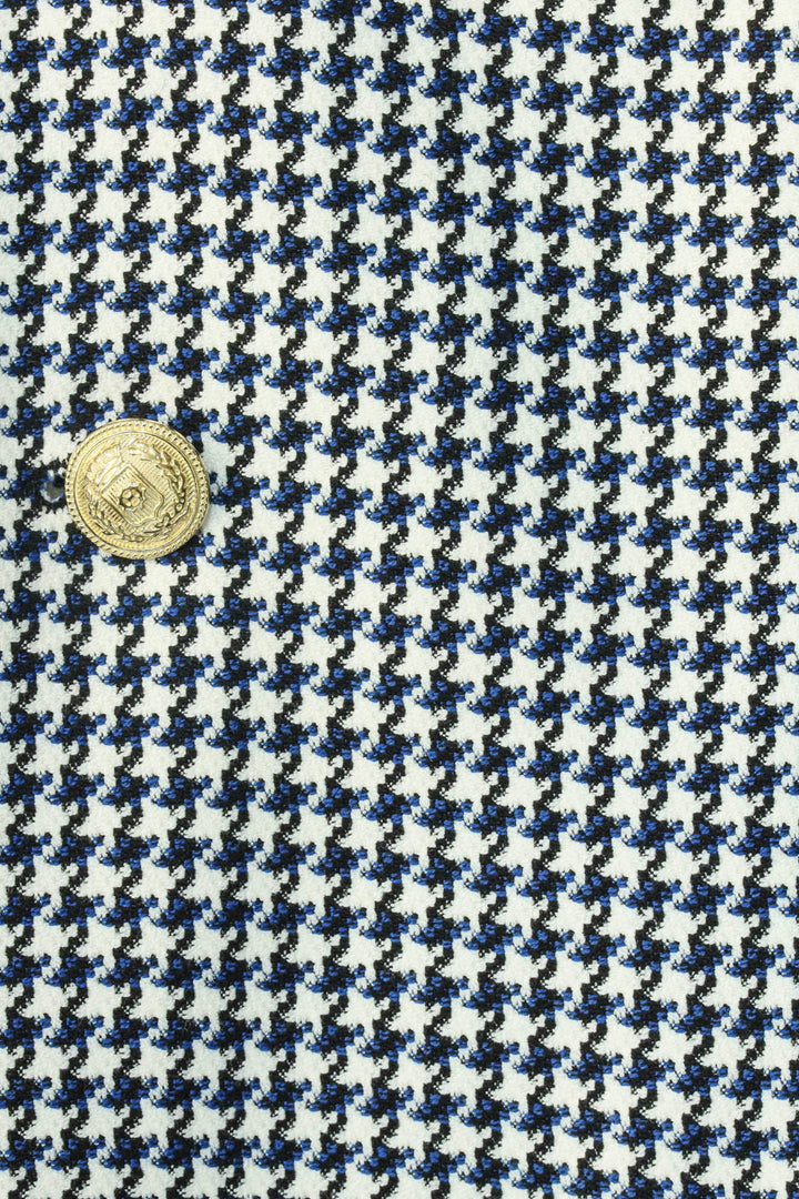 Navy Blue Houndstooth Pattern Gold Metal Button Slim Fit Men's Blazer Jacket - Wessi