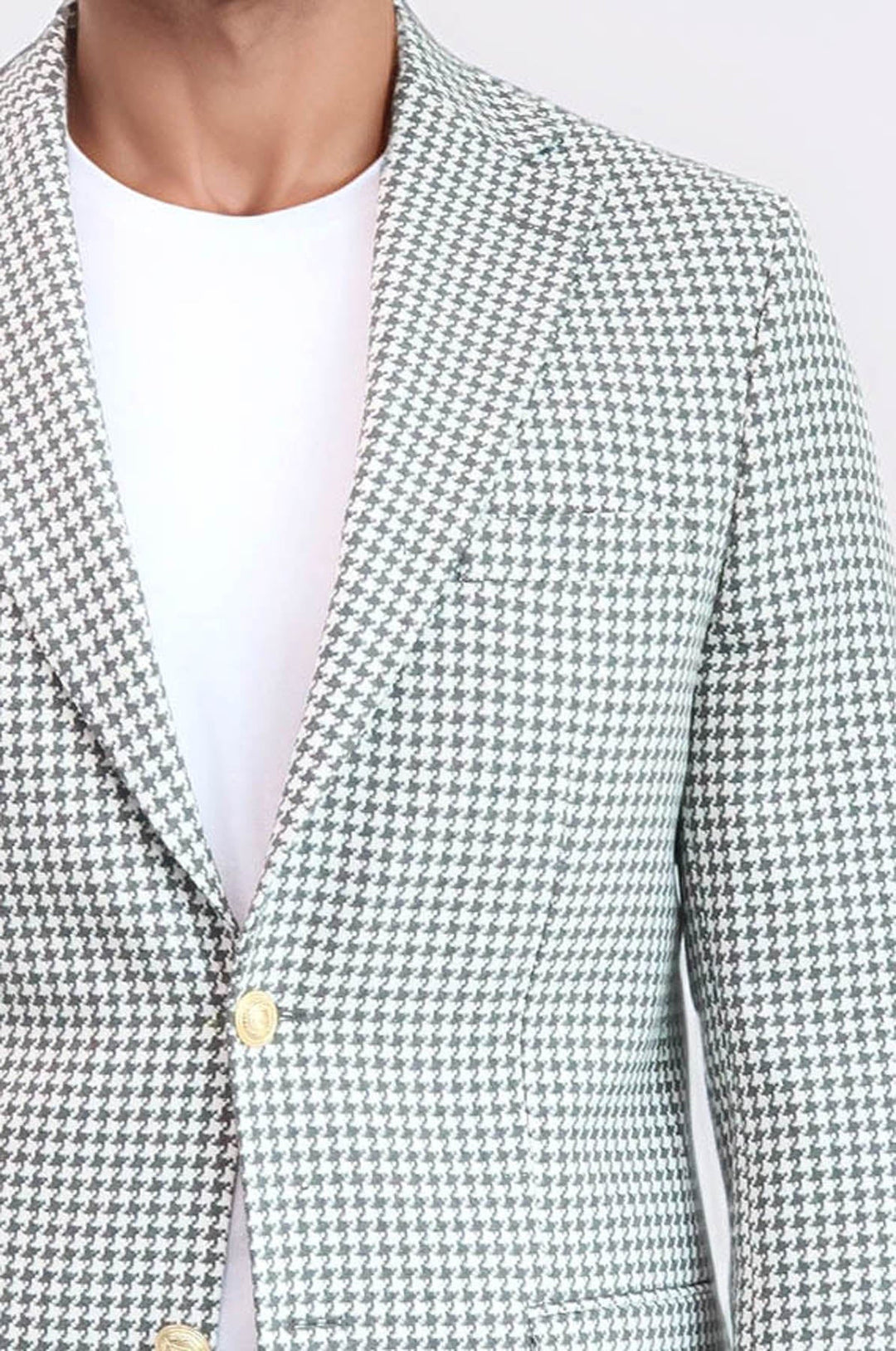 Light Grey Houndstooth Pattern Gold Metal Button Slim Fit Men's Blazer Jacket - Wessi