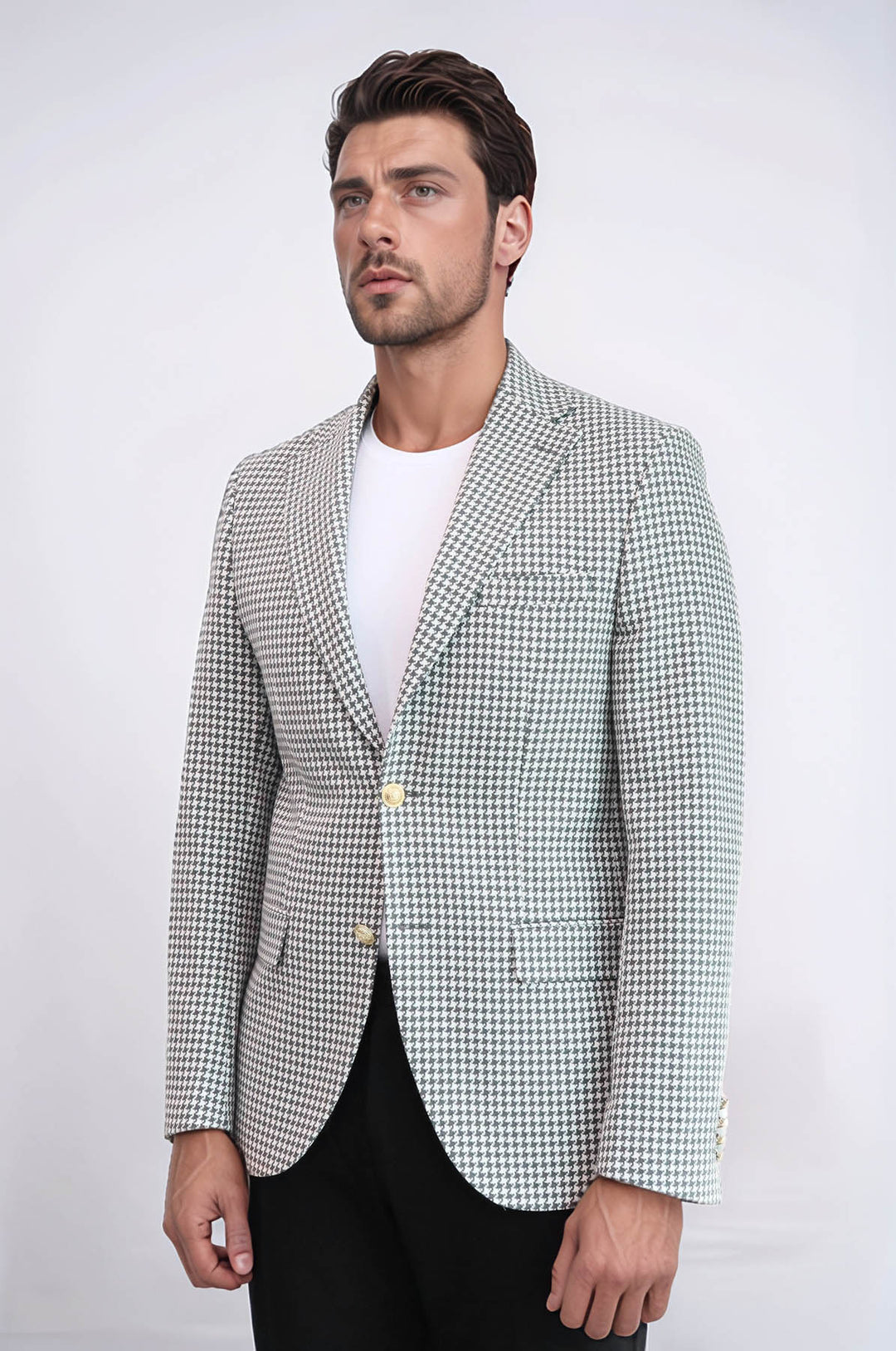 Light Grey Houndstooth Pattern Gold Metal Button Slim Fit Men's
