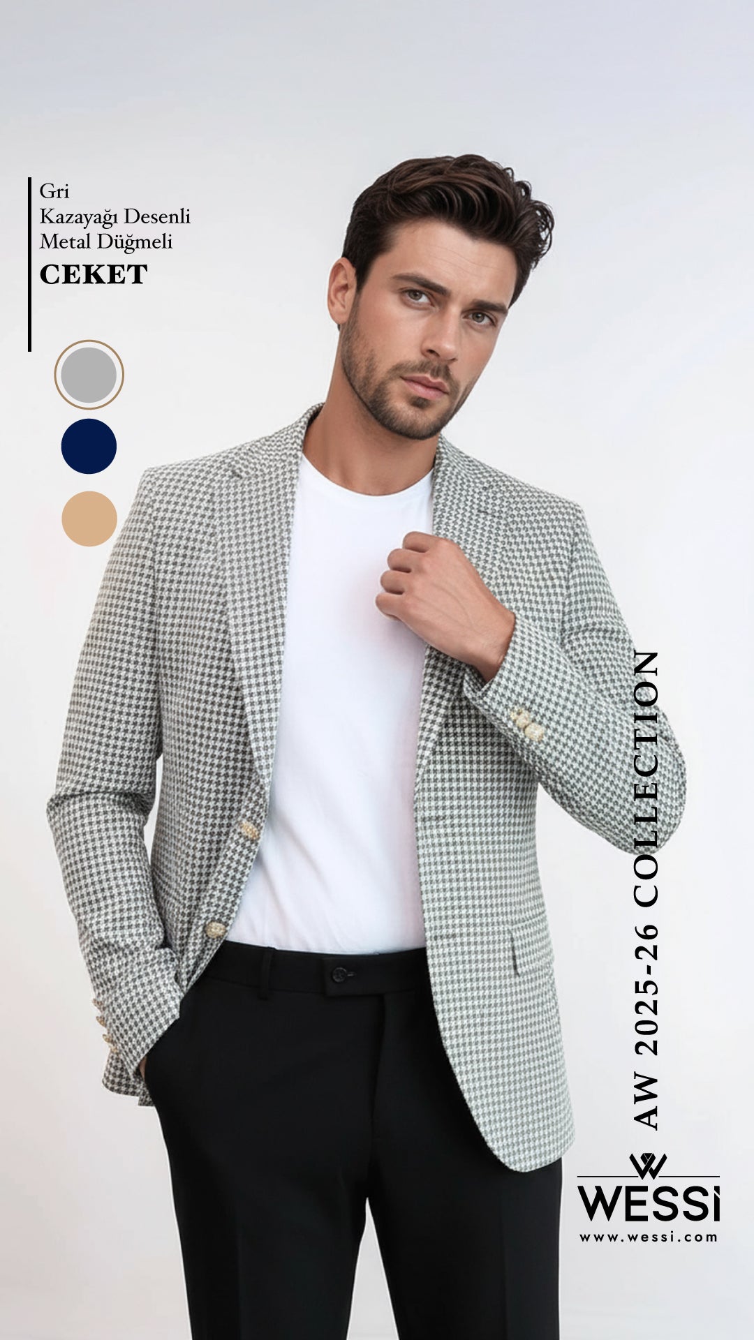 Light Grey Houndstooth Pattern Gold Metal Button Slim Fit Men's Blazer Jacket - Wessi