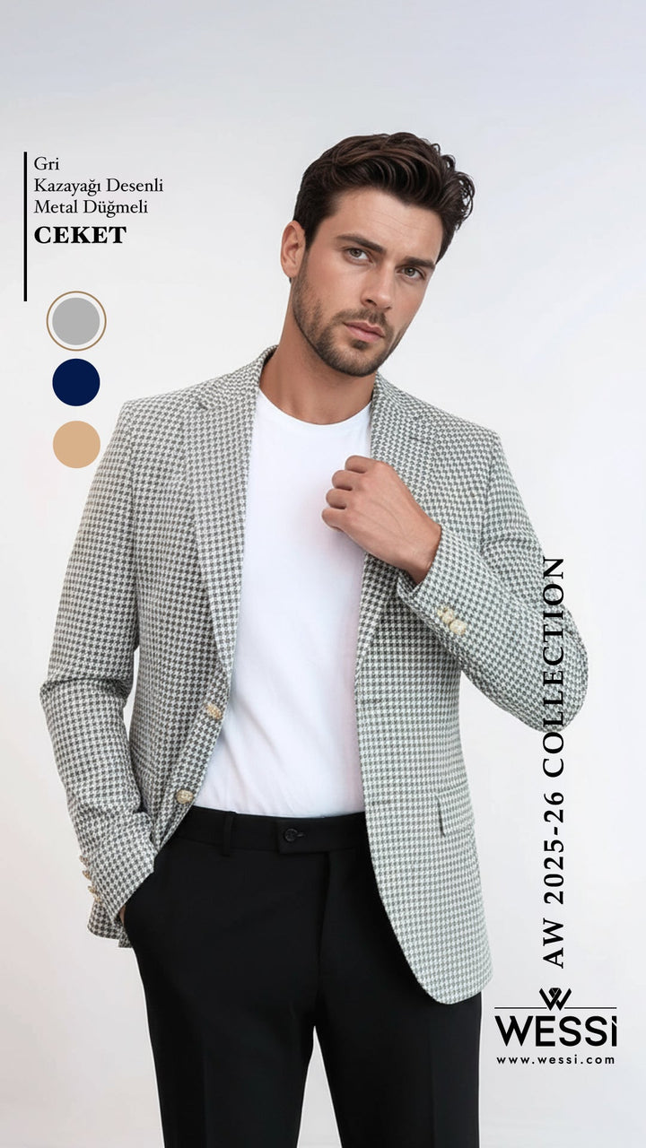 Light Grey Houndstooth Pattern Gold Metal Button Slim Fit Men's Blazer Jacket - Wessi
