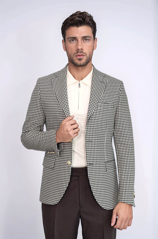 Black & Cream Houndstooth Pattern Gold Metal Button Slim Fit Men's Blazer | Wessi Wessi - Discover Diversity Black & Cream Houndstooth Pattern Gold Metal Button Slim Fit Men's Blazer | Wessi Wessi - Discover Diversity