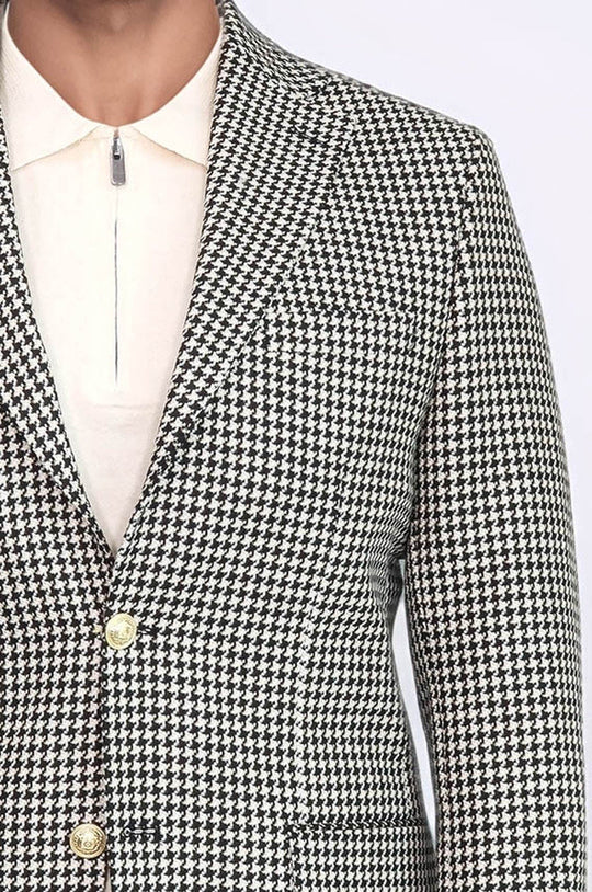 Black & Cream Houndstooth Pattern Gold Metal Button Slim Fit Men's Blazer Jacket - Wessi