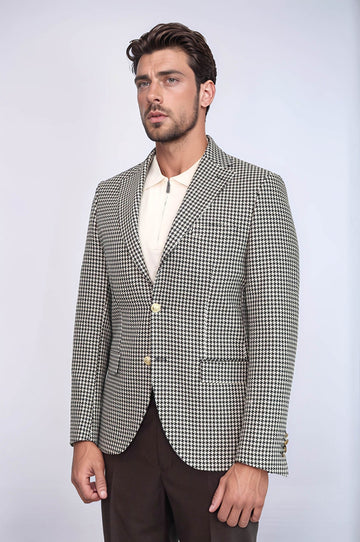 Black & Cream Houndstooth Pattern Gold Metal Button Slim Fit Men's Blazer Jacket - Wessi