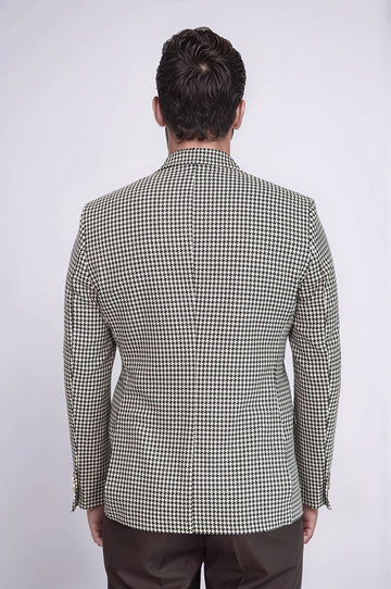 Black & Cream Houndstooth Pattern Gold Metal Button Slim Fit Men's Blazer Jacket - Wessi