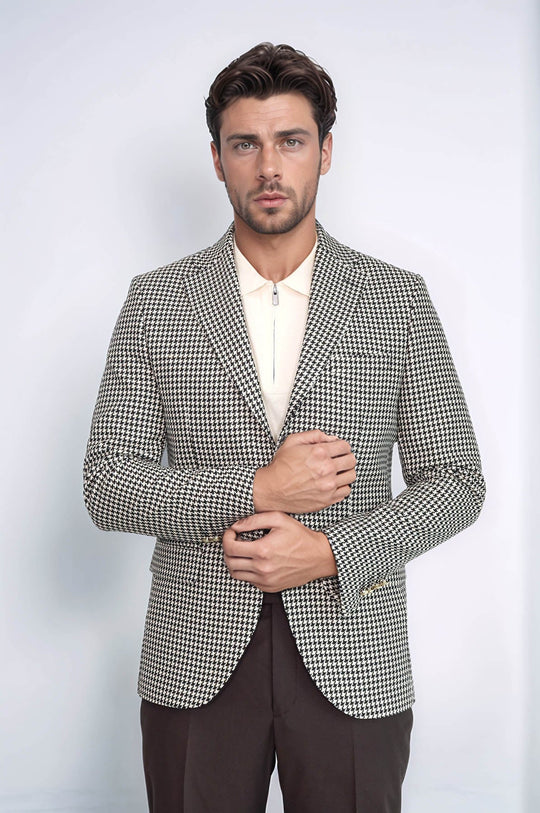 Black & Cream Houndstooth Pattern Gold Metal Button Slim Fit Men's Blazer Jacket - Wessi