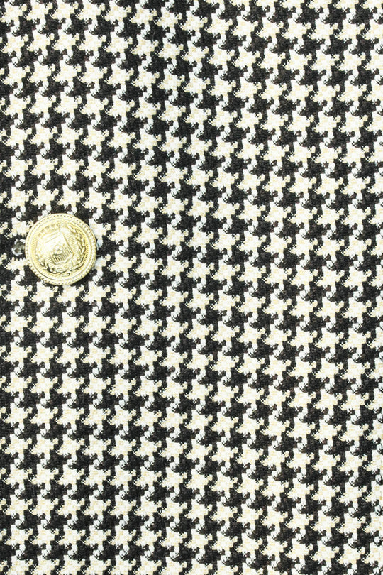 Black & Cream Houndstooth Pattern Gold Metal Button Slim Fit Men's Blazer Jacket - Wessi