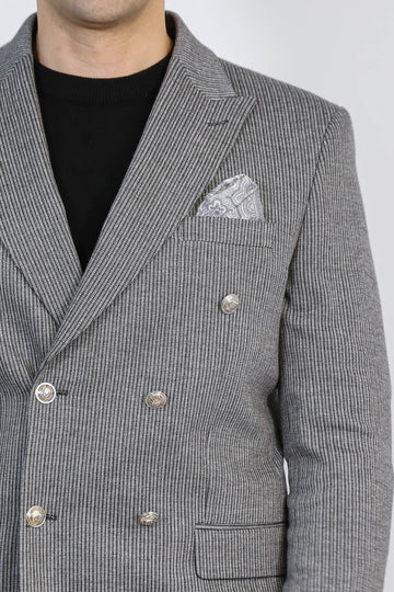 Anthracite Striped Blazer, Black Sweater, Black Pants Outfit - Wessi - Modern Office Elegance