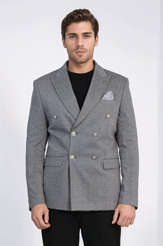 Anthracite Striped Blazer, Black Sweater, Black Pants Outfit - Wessi - Modern Office Elegance