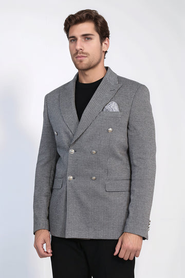 Anthracite Striped Blazer, Black Sweater, Black Pants Outfit - Wessi - Modern Office Elegance