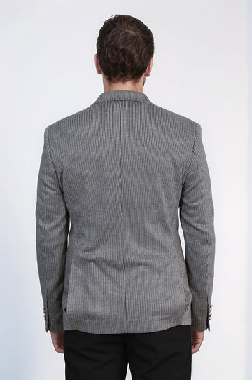 Anthracite Striped Blazer, Black Sweater, Black Pants Outfit - Wessi - Modern Office Elegance