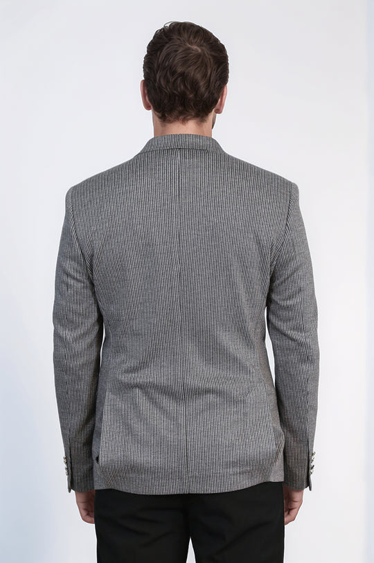 Anthracite Striped Blazer, Black Sweater, Black Pants Outfit - Wessi - Modern Office Elegance