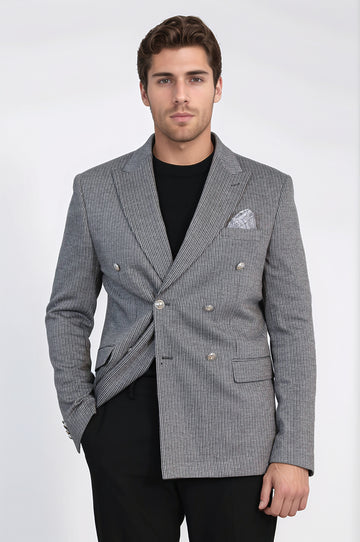 Anthracite Striped Blazer, Black Sweater, Black Pants Outfit - Wessi - Modern Office Elegance