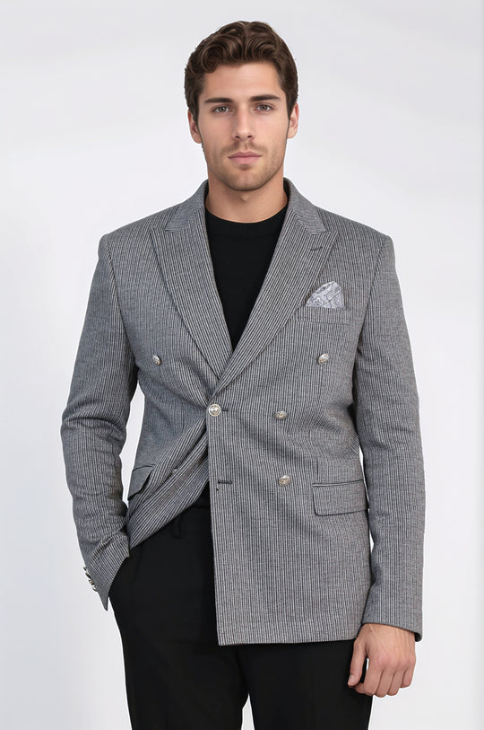 Anthracite Striped Blazer, Black Sweater, Black Pants Outfit - Wessi - Modern Office Elegance