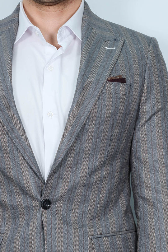 Striped Slim Fit Men Grey Blazer - Wessi