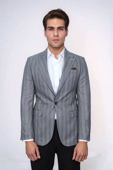 Striped Slim Fit Men Grey Blazer - Wessi