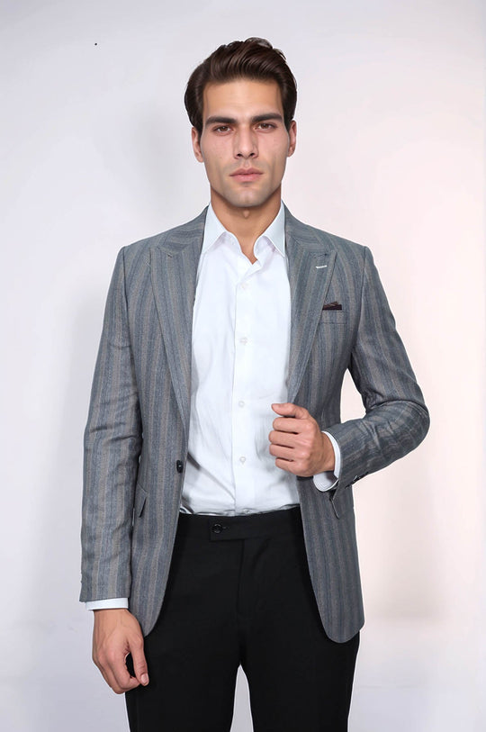 Striped Slim Fit Men Grey Blazer - Wessi