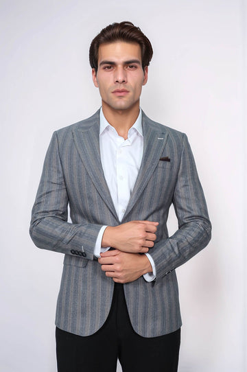 Striped Slim Fit Men Grey Blazer - Wessi