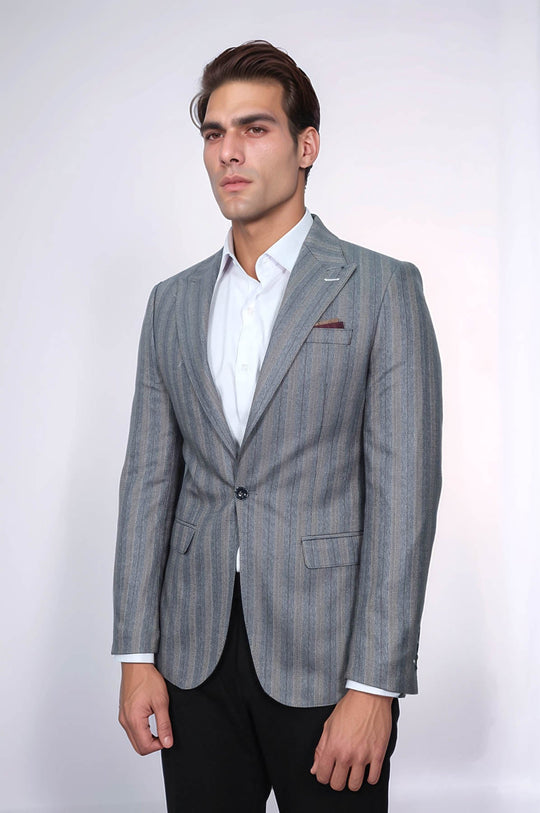 Striped Slim Fit Men Grey Blazer - Wessi