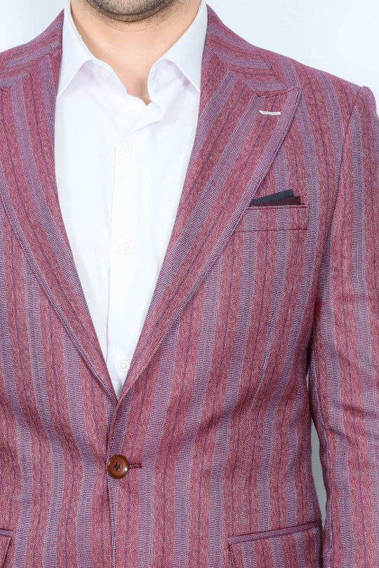 Striped Slim Fit Single Button Burgundy Men Blazer - Wessi