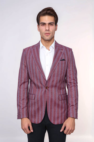 Striped Slim Fit Single Button Burgundy Men Blazer - Wessi