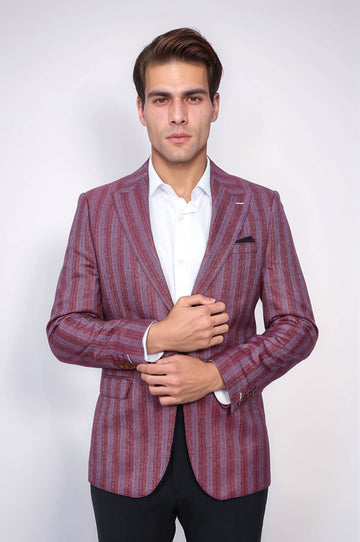 Striped Slim Fit Single Button Burgundy Men Blazer - Wessi