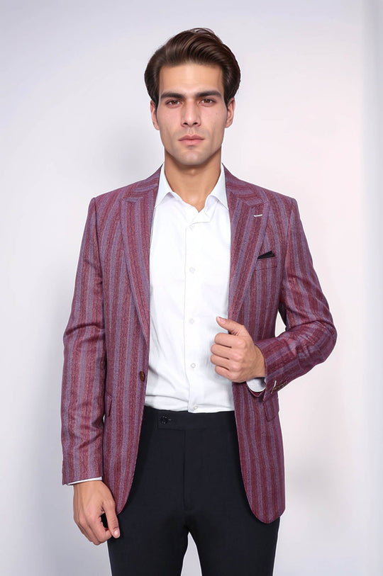 Striped Slim Fit Single Button Burgundy Men Blazer - Wessi
