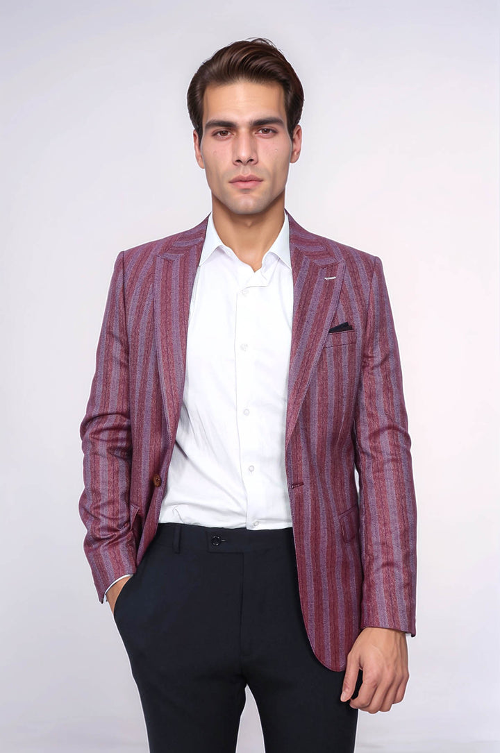 Striped Slim Fit Single Button Burgundy Men Blazer - Wessi