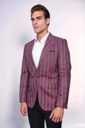 Striped Slim Fit Single Button Burgundy Men Blazer - Wessi
