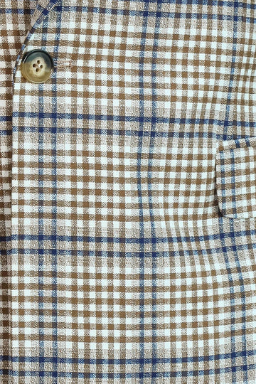 Приталенный коричнево-синий мужской пиджак в клетку - Wessi