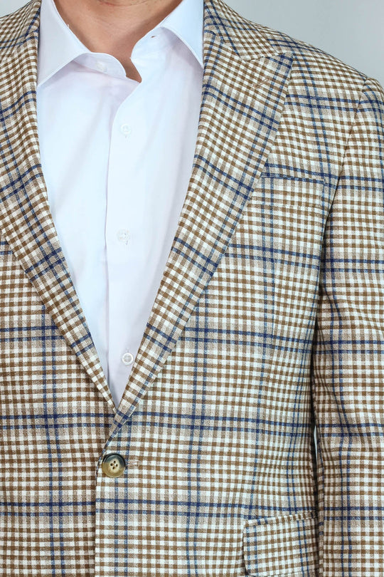 Приталенный коричнево-синий мужской пиджак в клетку - Wessi
