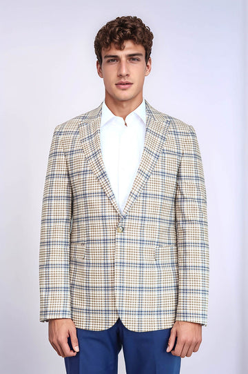 Приталенный коричнево-синий мужской пиджак в клетку - Wessi
