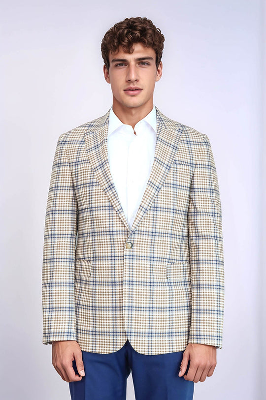 Приталенный коричнево-синий мужской пиджак в клетку - Wessi