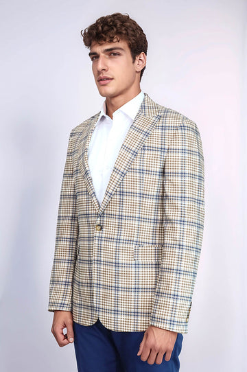 Приталенный коричнево-синий мужской пиджак в клетку - Wessi