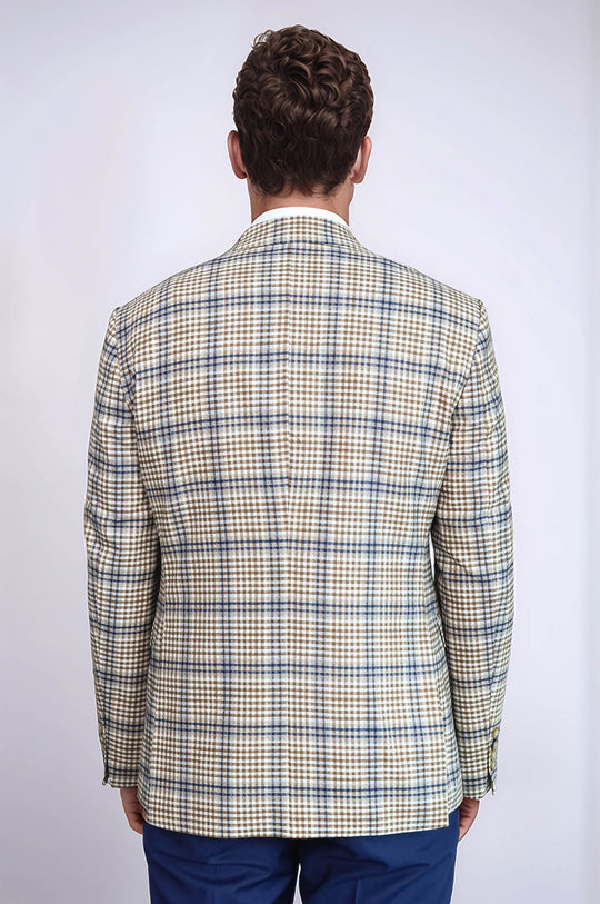 Приталенный коричнево-синий мужской пиджак в клетку - Wessi