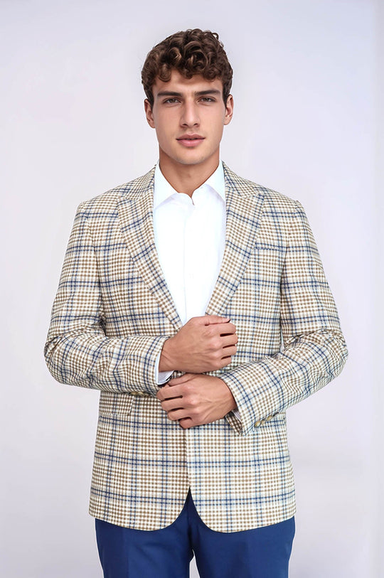 Приталенный коричнево-синий мужской пиджак в клетку - Wessi