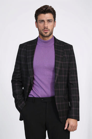 Purple Check Blazer with Lilac Turtleneck & Black Trousers Modern Office Look – Wessi