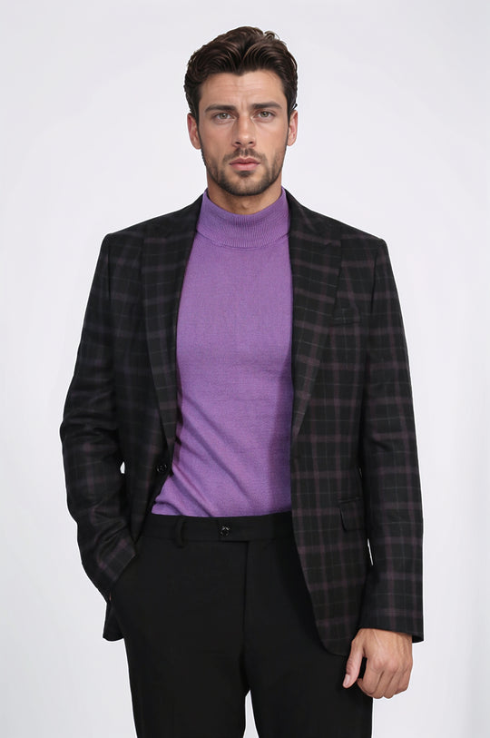 Purple Check Blazer with Lilac Turtleneck & Black Trousers Modern Office Look – Wessi