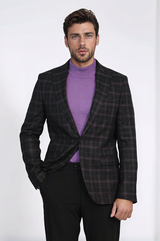 Purple Check Blazer with Lilac Turtleneck & Black Trousers Modern Office Look – Wessi
