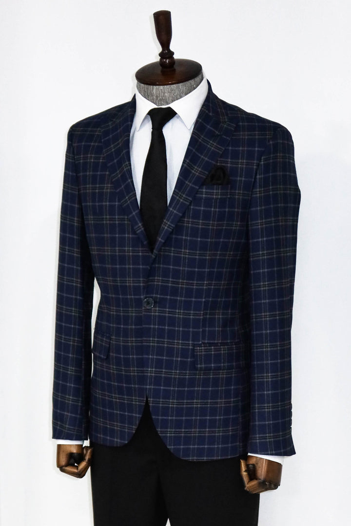 Checked Navy Blue Men Blazer and Trousers Combination - Wessi