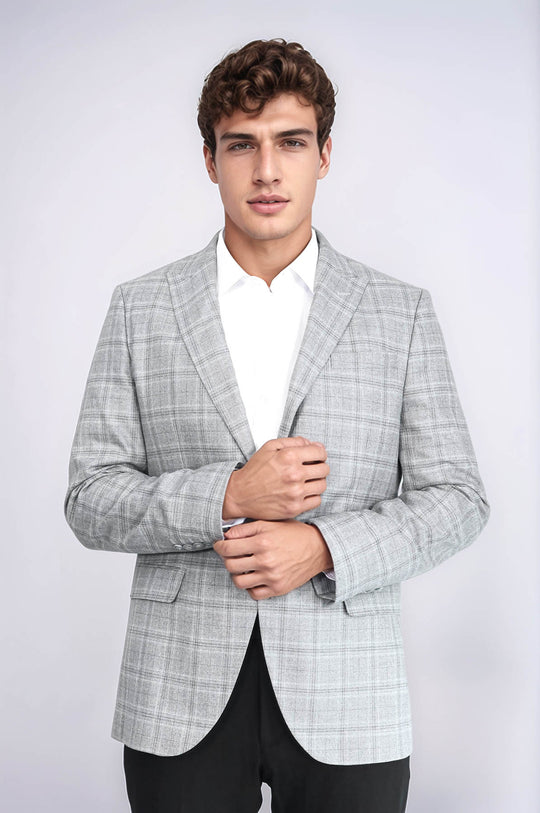 Blazer Hombre Slim Fit Gris Solapa De Pico Cuadros - Wessi