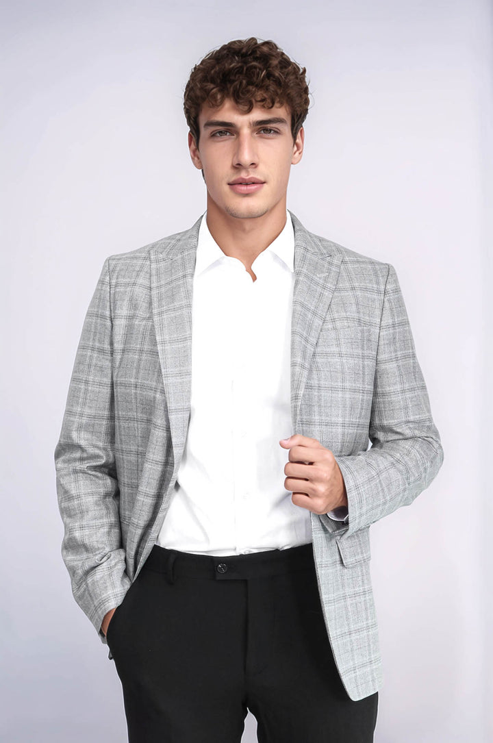 Blazer Hombre Slim Fit Gris Solapa De Pico Cuadros - Wessi
