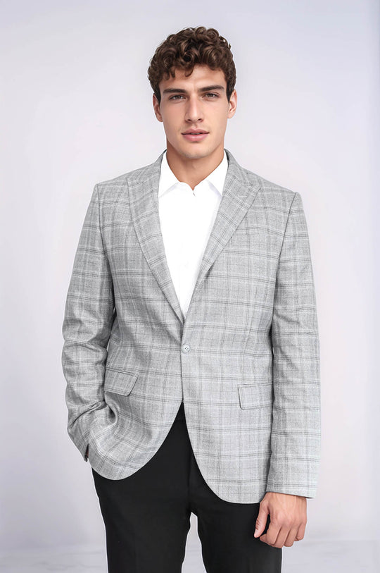 Blazer Hombre Slim Fit Gris Solapa De Pico Cuadros - Wessi