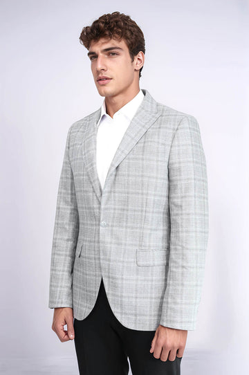 Blazer Hombre Slim Fit Gris Solapa De Pico Cuadros - Wessi